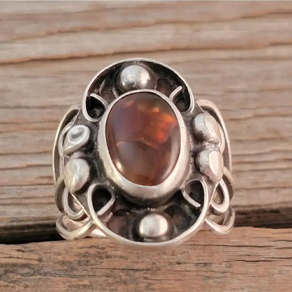 Vintage Sterling Genuine Amber Bali Boho Artisan Beaded Ring - Picture 3 of 11